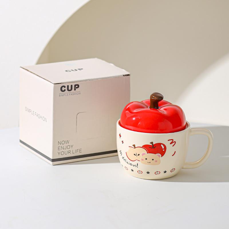 

Premium Creative Cartoon Bear Apple Mug Office with Lid Coffee Cup Water Cup Household Couple Milk Breakfast Cup 301-400ml