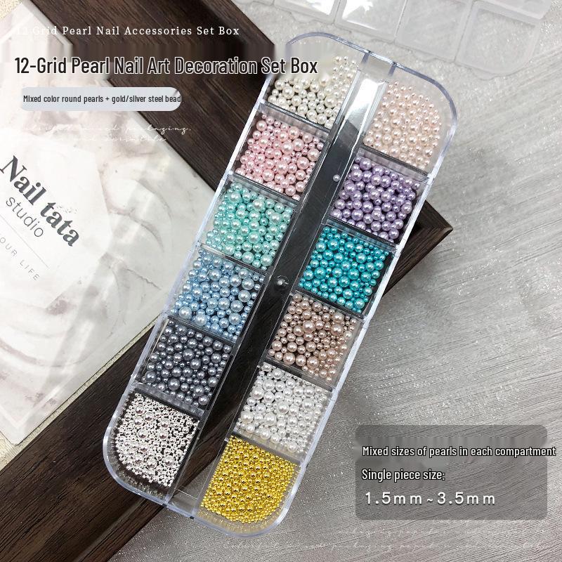 12 Grids Colorful Pearl Nail Art Decorations: Mixed Size White Pearls, Full & Half Round