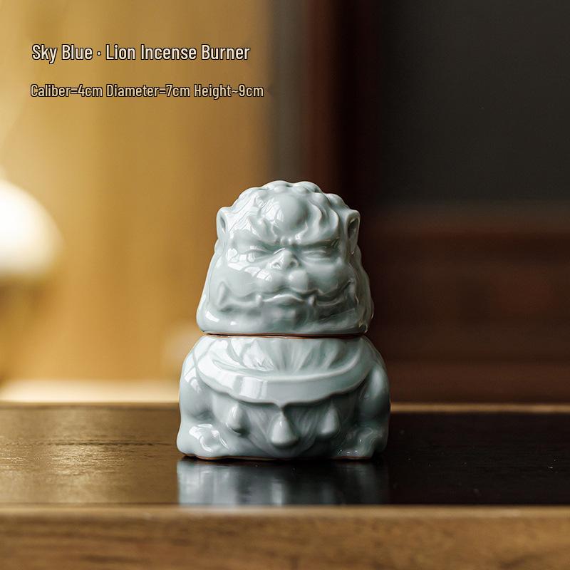 Sky Blue Ru Kiln Lion Incense Burner - Ceramic Zen Tea Room Desktop Ornament Sky Blue Lion Incense Burner