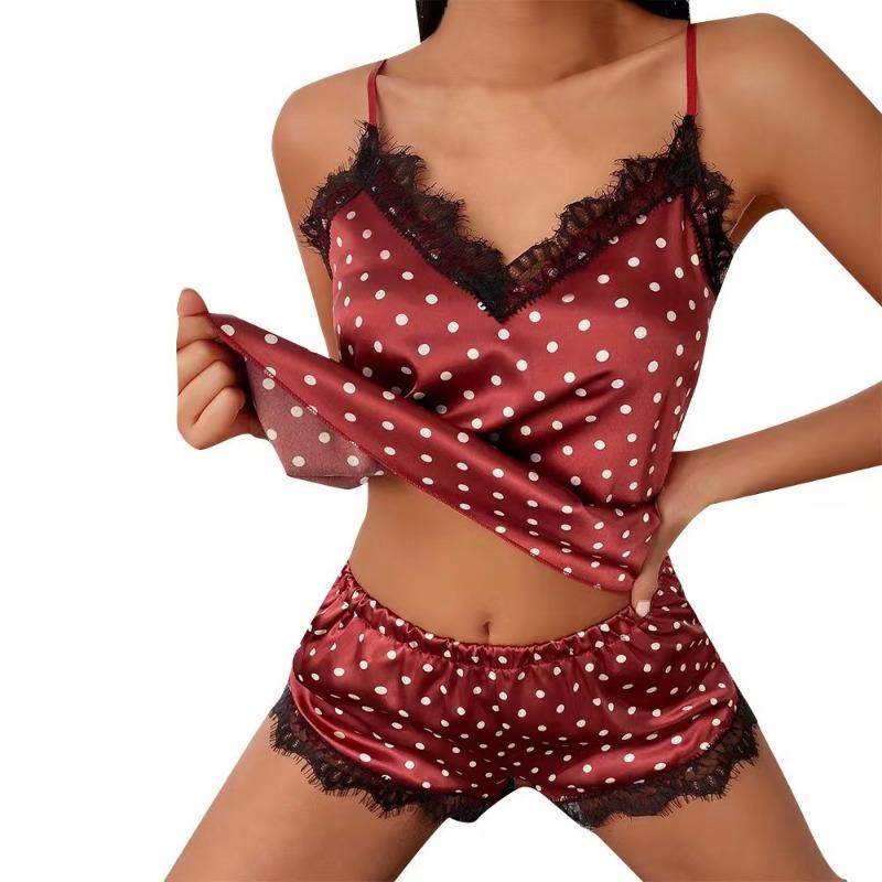 Polka Dot Letter Printed Sleepwear Women Sexy V Neck Sling Vest and Shorts Set Casual Loungewear