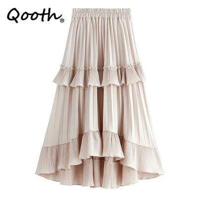 Women Retro Ruffle Edge Pleated Cake Skirt Elegant Elastic Waist Irregular Long A-line Skirt For Spring Autumn QT2141