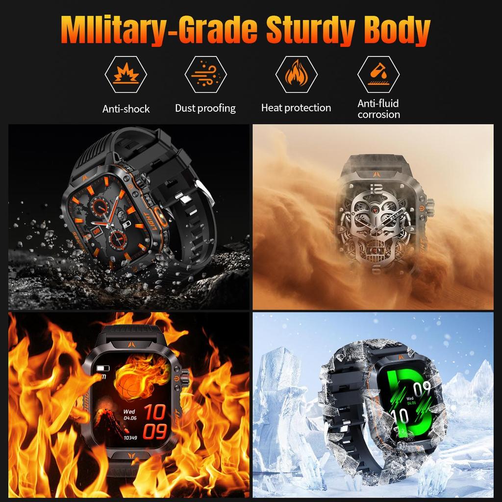 Smartwatch QTLLBT połączenie Bluetooth Latarka IP68 wodoodporny, zegarek wojskowy 100+ trybów sportowych Wykrywanie snu, tętna, tlenu we krwi