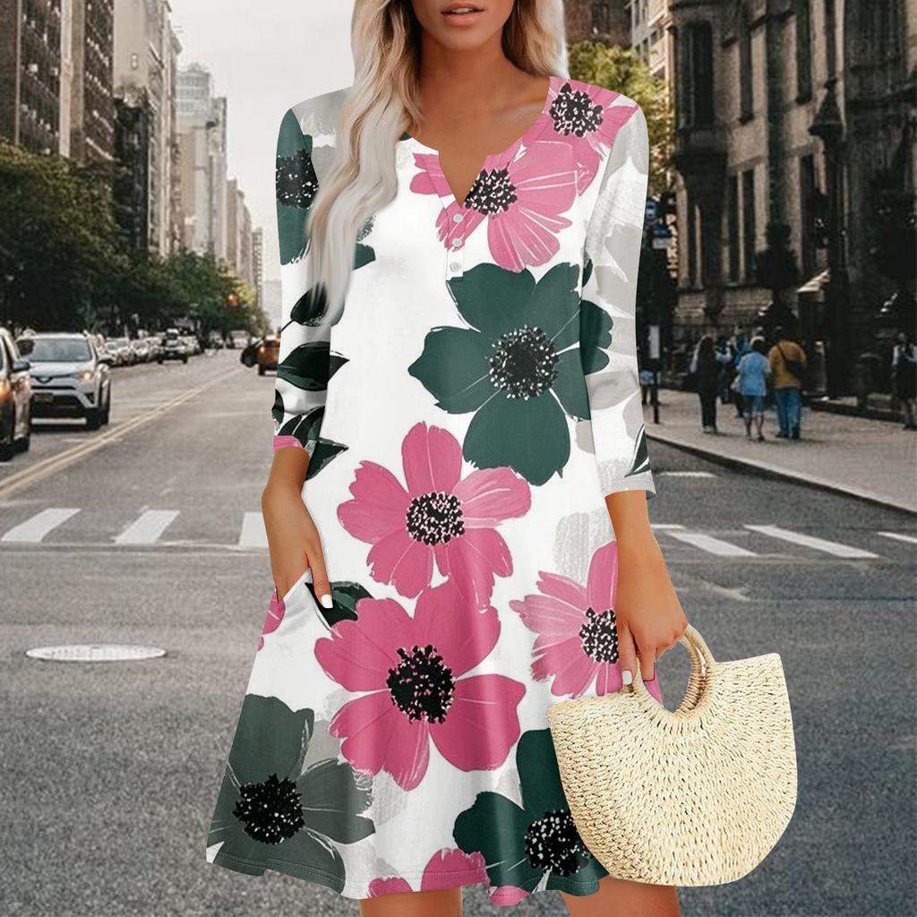 Women's Summer Dress Loose V Neck Three-quarter Sleeve Sundress With Pockets Dress