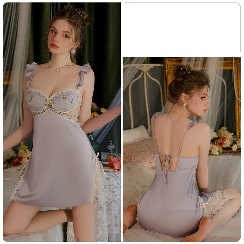 Women’s Fashion Summer Floral Sleep Dress Ice Silk Cami Nightdress Sexy Lace Padded Push-Up Sleepwear