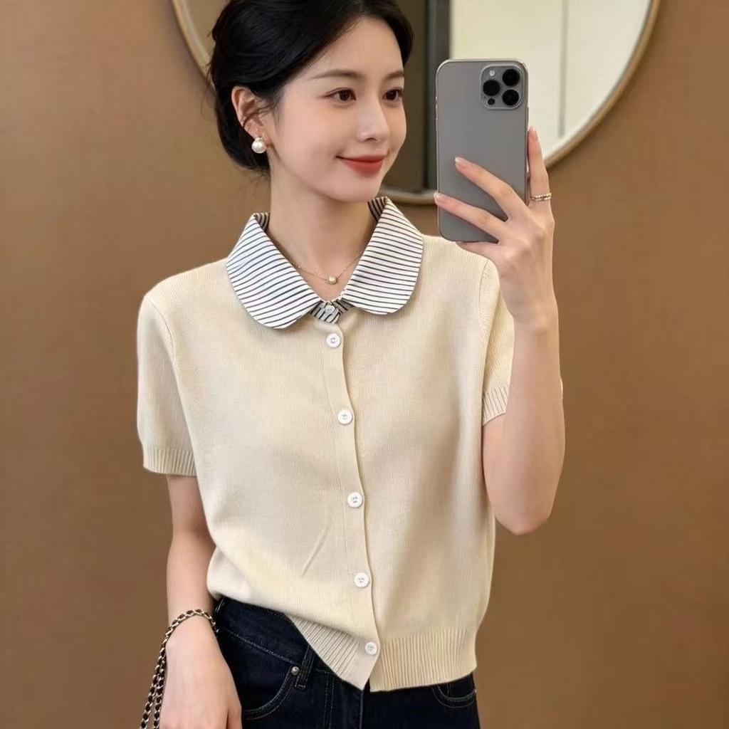 Baby Collar Knitted Cardigan Women's Summer Clothing - New Style Loose and Laid-back Style Outerwear, Top with Thin Short Sleeves, T-shirt Type Shirt