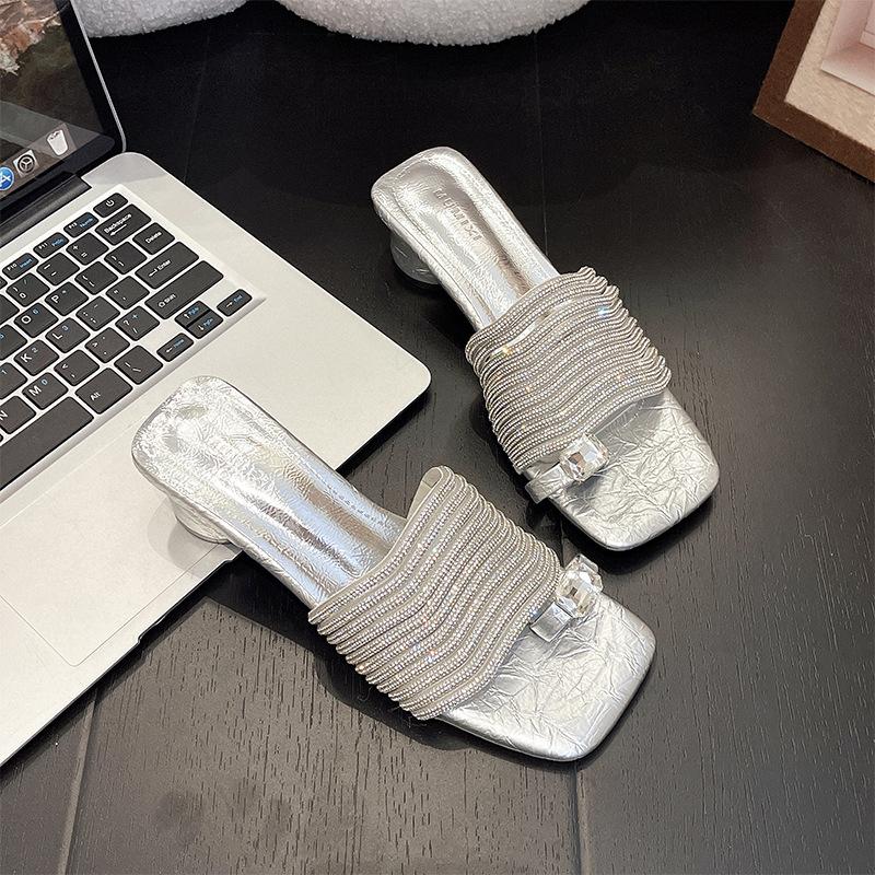 Silver rhinestone high-heeled slippers for women's summer wear new temperament high-end thick-heeled square head cover toe cool slippers
