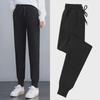 Women's Black Velvet-Lined Sports Sweatpants - Loose, Warm, Trendy Casual Wear for Autumn and Winter