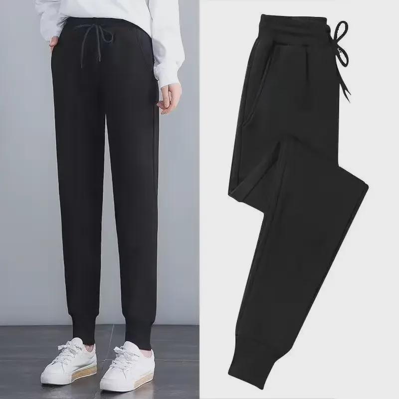 Women's Black Velvet-Lined Sports Sweatpants - Loose, Warm, Trendy Casual Wear for Autumn and Winter
