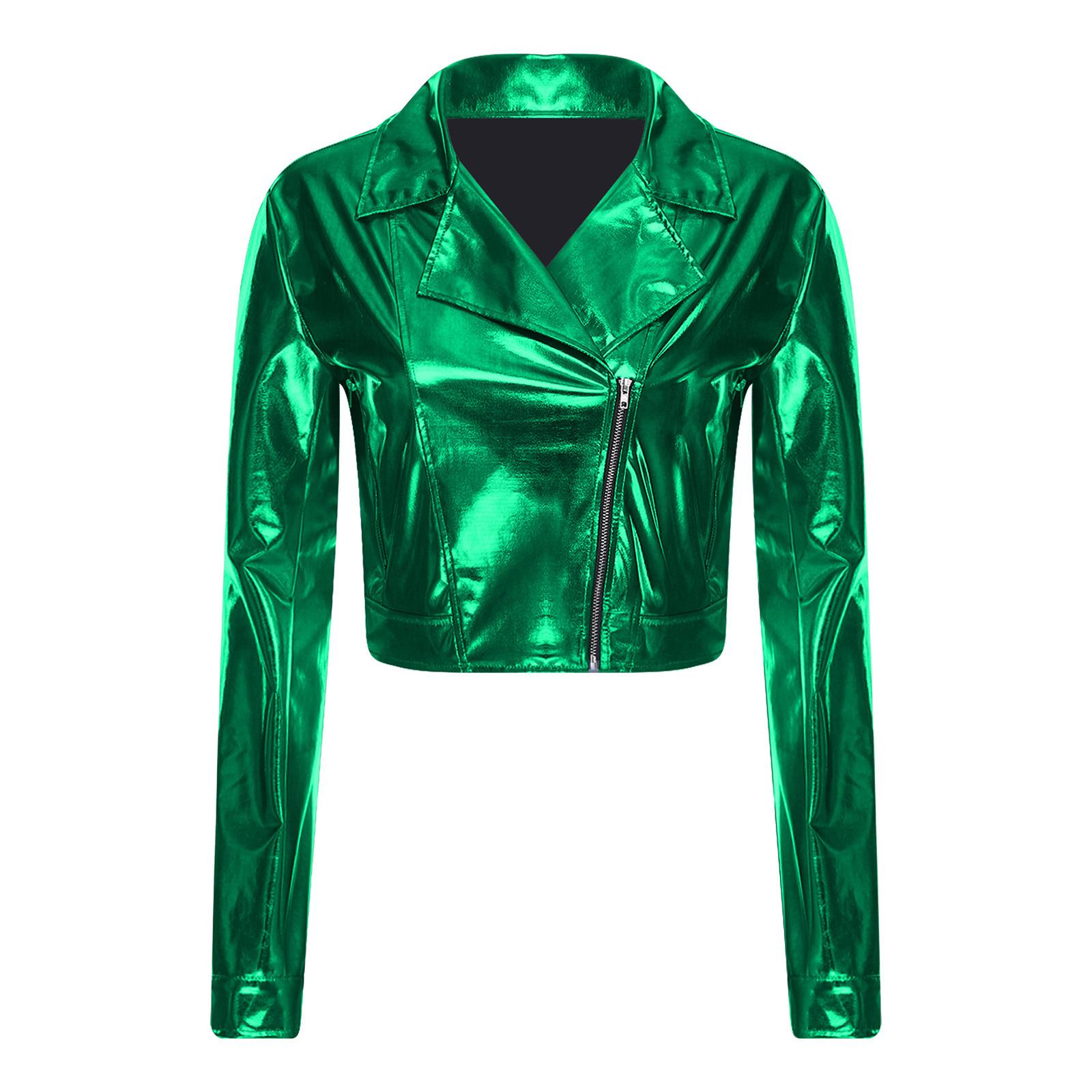 

Womens Glossy Crop Jacket Notch Lapel Long Sleeve Side Zipper Club Outerwear XXL зелений