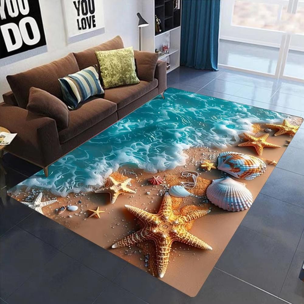 2025 Neuer Seestern Strand Muschel Seestern Sand Teppich Teppich für Wohnzimmer Schlafzimmer Zuhause Sofa Dekoration, Kinder Spielen Rutschfeste Bodenmatte