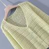 Summer Women's Ice Silk Cardigan Thin Long Sleeve Top Loose V-neck Hollow Out Knitted Sweater