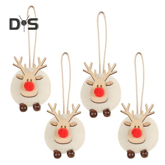 4 Pcs Christmas Elk Ornaments Felt Reindeer Plush Hanging Decorations with Wooden Head Fluffy Deer Pendants for Christmas Party Home Decor