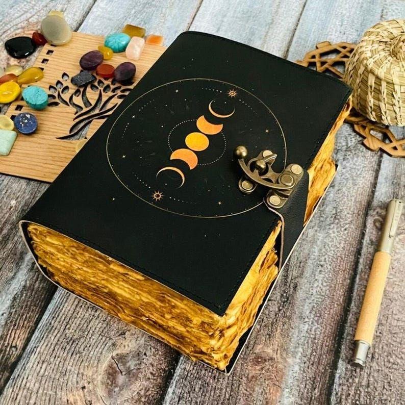 Leather Grimoire Journal - Moon Phases Print, Blank Spell Book, Book of Shadows, Unique Leather Gifts for Him