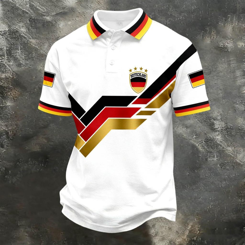 Unisex Casual Loose Fit Short Sleeve Polo Shirt with Germany Inspired Graphic Print and Button Collar for Everyday Wear