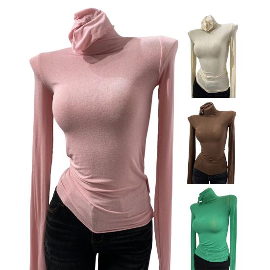 Women Tops High Collar Long Sleeve Slim Base Shirt Solid Color Elastic Shirt Autumn Winter Base Tops