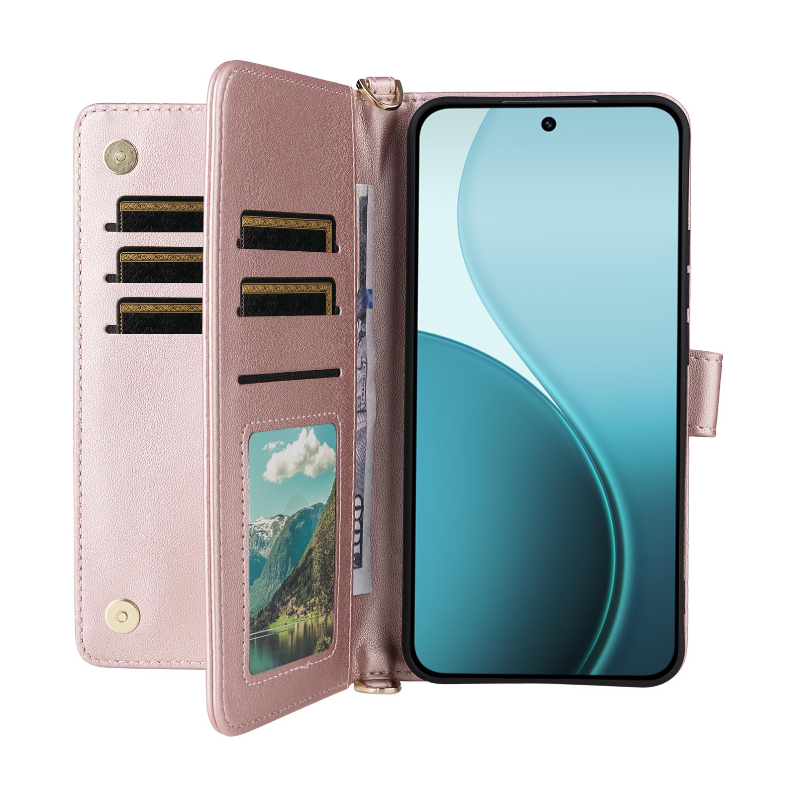 

For Oppo Reno14 5G (Global) Case with Shoulder/Wrist Strap Leather Phone Cover Stand Wallet Brown
