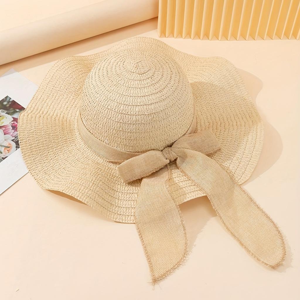 1pc Women's Oversize Brim Straw Hat Women's Summer Sun Block Big Brim Hat Seaside Bow Beach Hat Suitable For Sun Protection