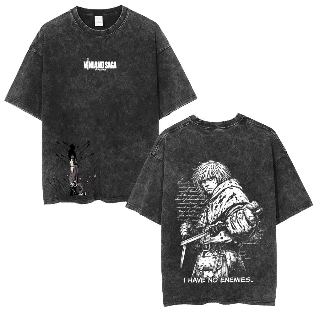 Gewaschenes Vintage Anime Vagabond Miyamoto Musashi Kirschblüten Grafik T-Shirt Herren Damen Lässiges Oversized T-Shirt 90er Jahre Streetwear