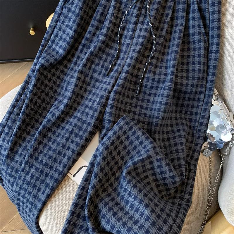 

Женские маленькие темно-синие клетчатые флисовые брюки с высокой посадкой, повседневные на кулиске, длиной до пола, осень/зима XS (60-79 lbs)