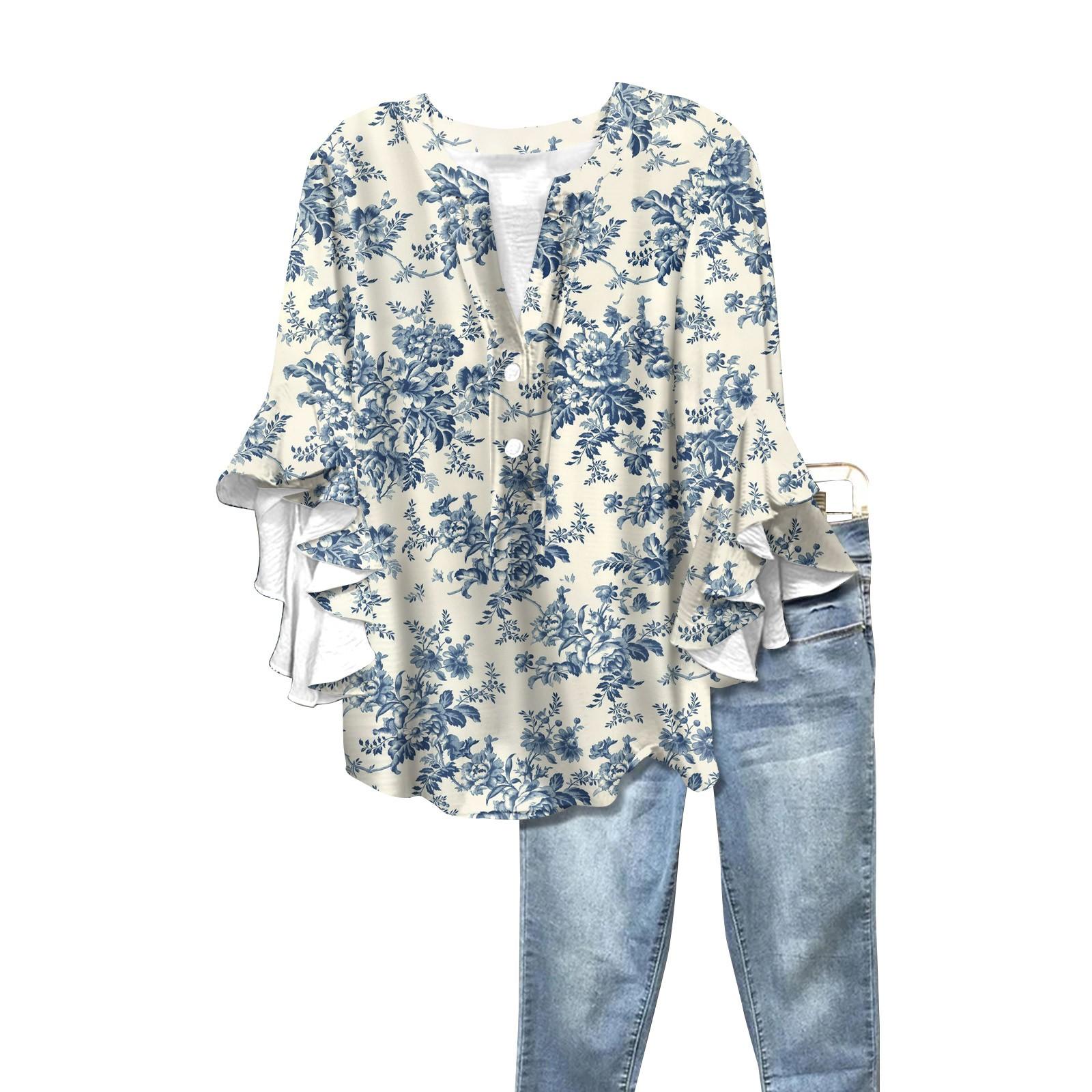 

Summer Women s Tops V Neck Three Quarter Sleeve Shirt Vintage Floral Print Tops Casual Shirts XL білий