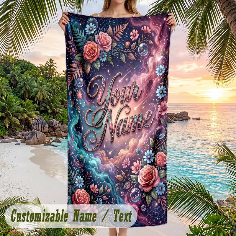Floral Theme Beach Towel Personalized Custom Name & Text Soft Quick Dry Beach Towel for Swimming Travel