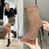 Rear Zipper Pointed Short Children's Thin Heels Autumn and Winter New Suede Thin Legs Medium Tube Large Size High Heel Elastic