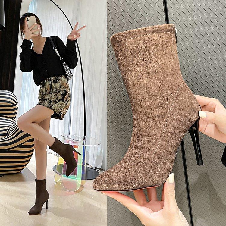 Rear Zipper Pointed Short Children's Thin Heels Autumn and Winter New Suede Thin Legs Medium Tube Large Size High Heel Elastic