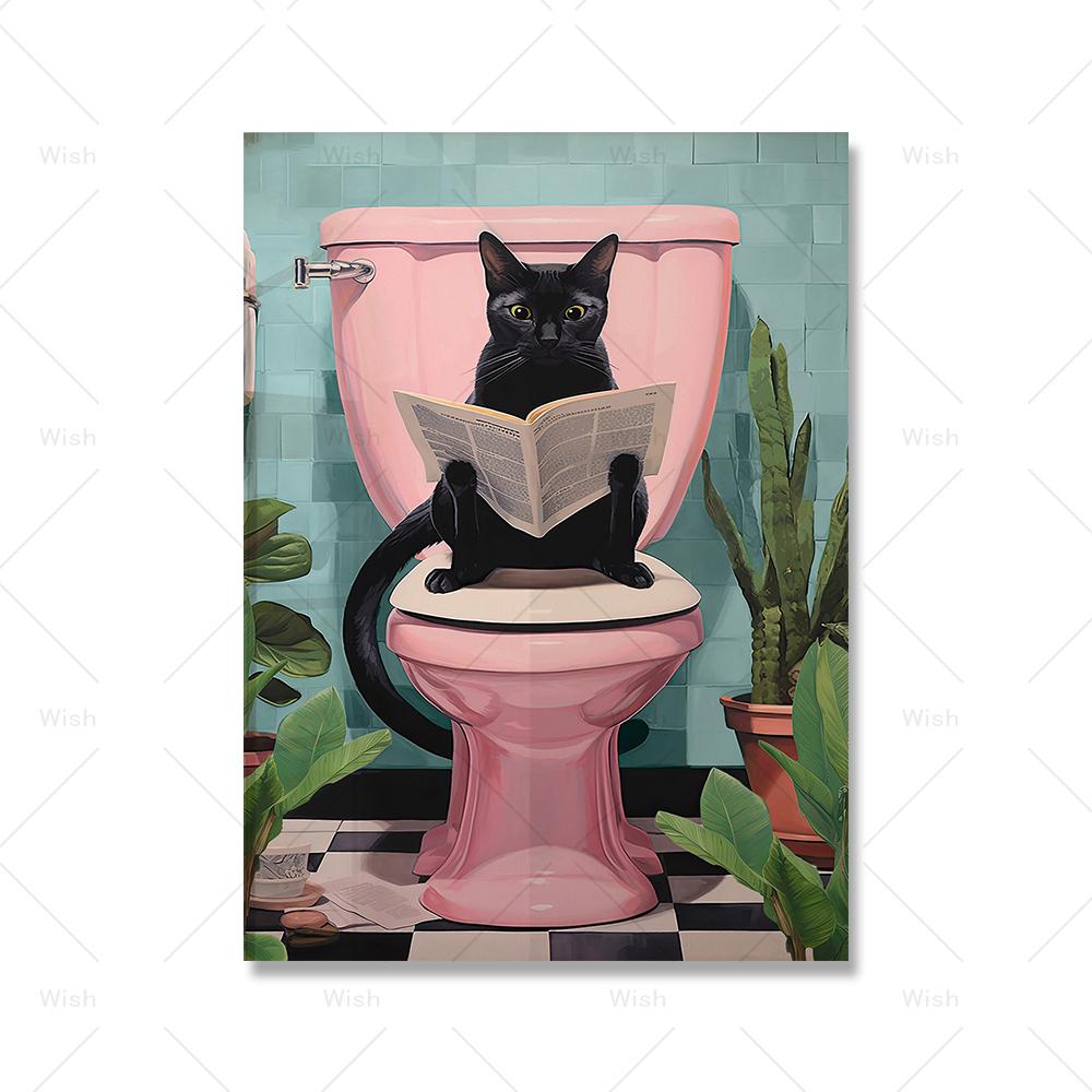 Modern Animal Cat Posters Home Decoration Funny Bathroom Canvas Prints Cute Black Cats Art Painting Wall Pictures Toilet Decor