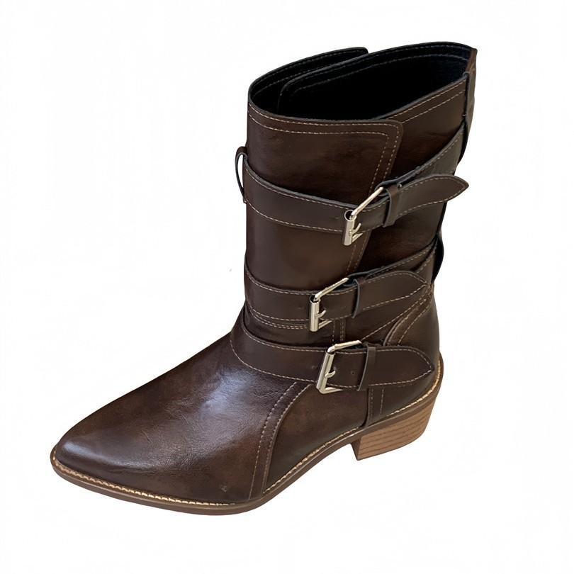 2025 autumn and winter new thick heel western boots retro belt buckle knight boots brown medium boots women's boots locomotive boots