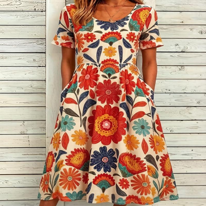 

summer new women s Bohemia loose fashion print round neck short sleeve long dress 5XL
