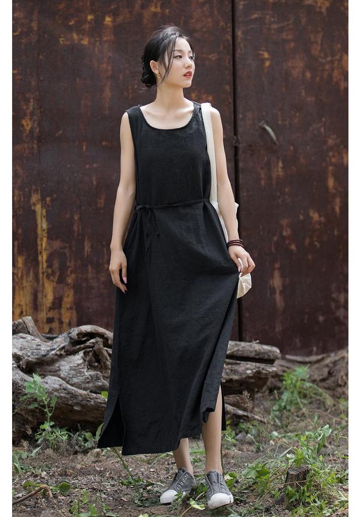 2025 Autumn/Winter Women's Cotton & Linen Ramie Tie-Up Sleeveless Dress - Long Artistic Skirt for Home & Travel