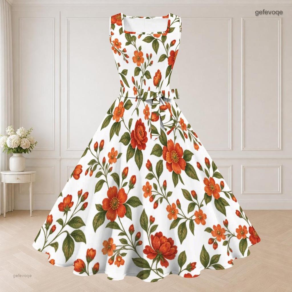 Women Plus Size White Floral Printed Two Piece Set Square Neck Sleeveless Tie Waist Flared Dress Short Sleeve Cropped Shrug