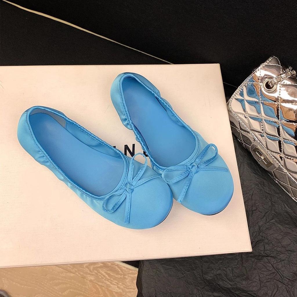 One-pedal blue ballet flat shoes women's 2025 new satin gentle bow round head flat shoes