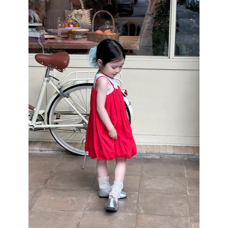 2026 Summer Girls Red Adjustable Bud Princess Camisole Dress with White Vest 110cm