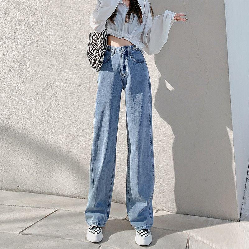Women's High-Waisted Multi-Button Adjustable Jeans: Slimming Loose Fit Korean Style Wide-Leg Floor-Length Pants