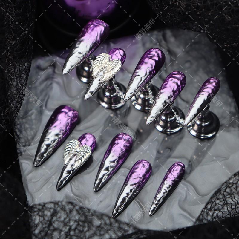 Handmade Press-On Nails With 3D Embossed Wing Design Purple A2973 Long Pointed Acrylic False Women Sweet Punk