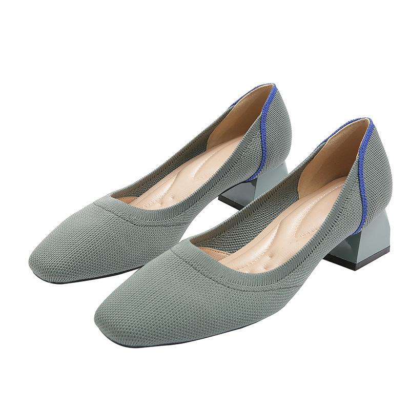 High Heel Square Head Single Shoes Women's Medium Heel Flying Weaving Leopard Print Women's Coarse Heel Comfortable Weaving High Heels