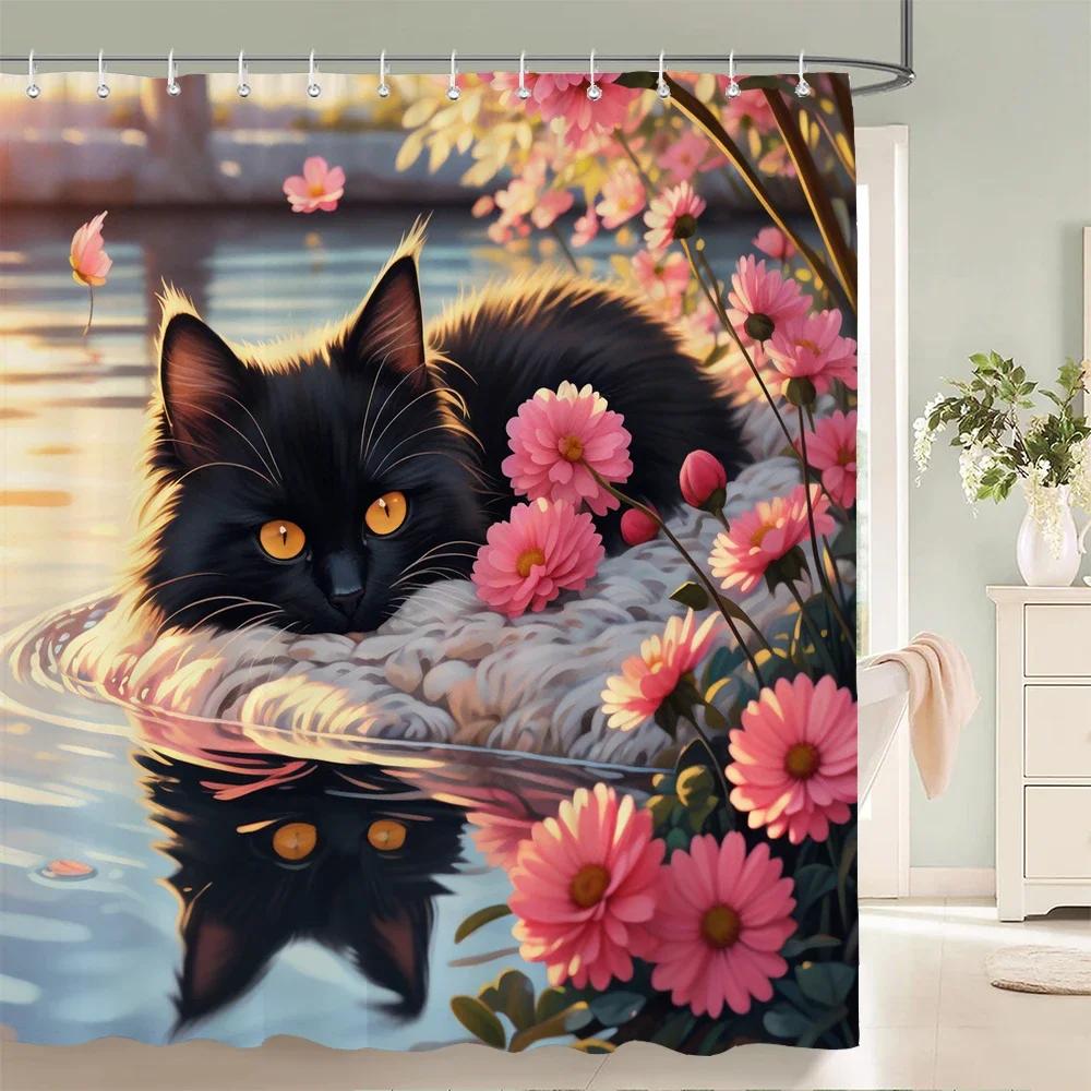 Floral Summer Shower Curtain Cat and Dog Animals Fabric Shower Curtains for Rustic Bathroom Decor Spring Plant Shower Curtain