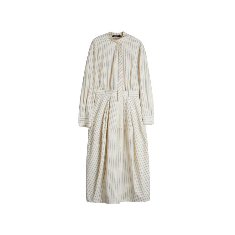ELLE Elegant Striped Long Sleeve Dress With Waist Detail Women Dresses Beige EL49660