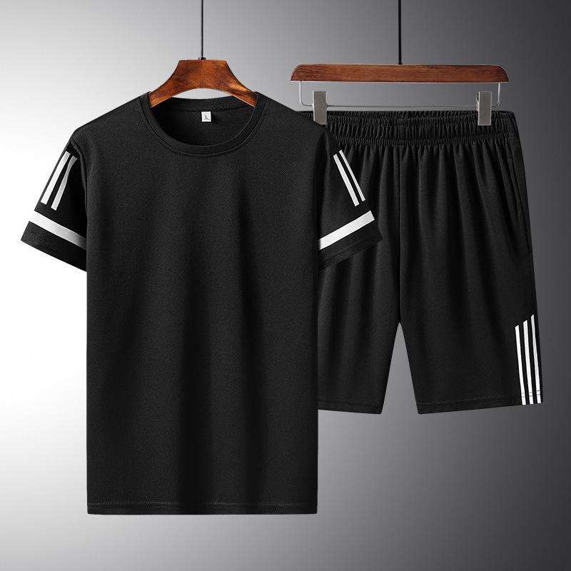 Summer New Men's Casual Sports Suit Round Neck Thin Section of Short-sleeved T-shirt Short Trousers Ice Silk Quick Dry Two-piece Set