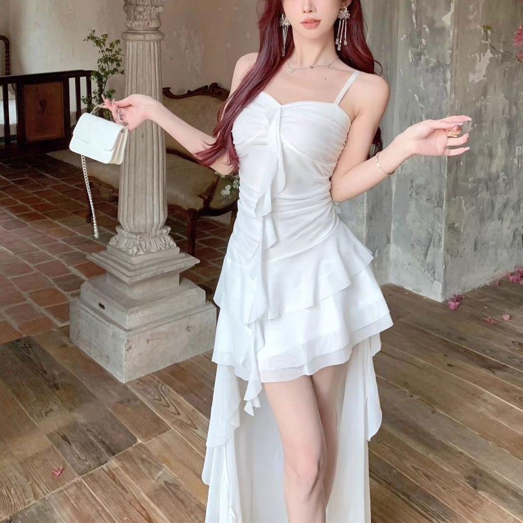 Sexy Spaghetti Strap Ruffle Irregular Bodycon Party Club Evening Dress Women Mesh Suspender Spring Summer Holiday Beach