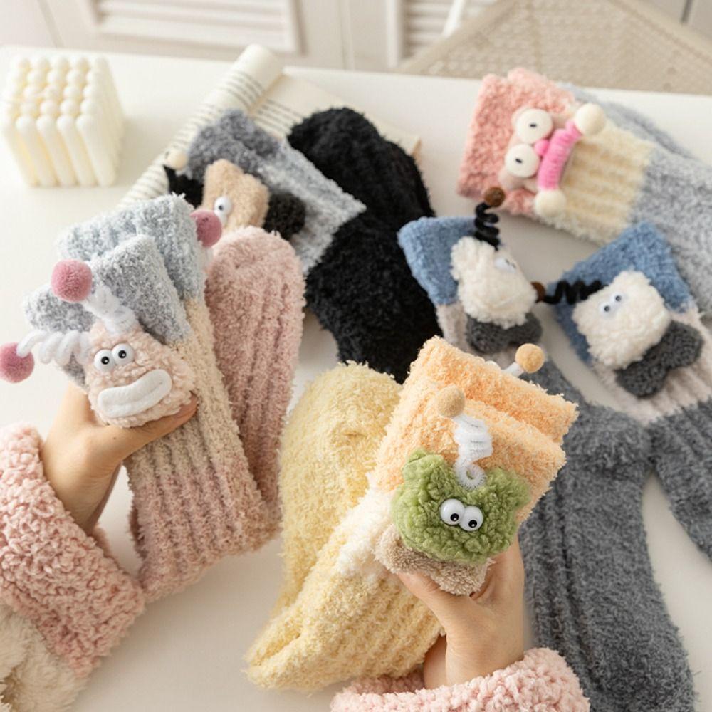 Home 3D Eyes Sleeping Socks Non-Slip Thermal Warm Socks Elastic Coral Fleece Socks Women  Gifts