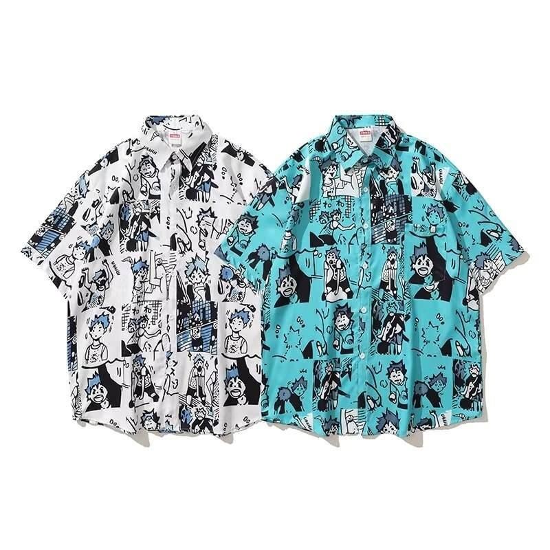 

Летняя мужская мода Гавайская рубашка Японский стиль Комиксы Дизайн Повседневная пляжная рубашка с цветочным принтом Топы с коротким рукавом и воротником Винтажная праздничная одежда Белого цвета