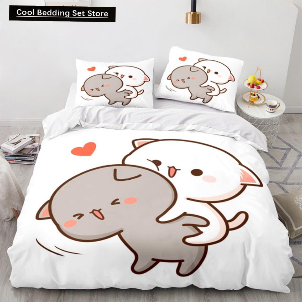 Lovely Peach Cat Bedding Set Cartoon Comforter Sets Double Queen King Twin Full Size Duvet Cover Set Kids Girls White Bed Linen