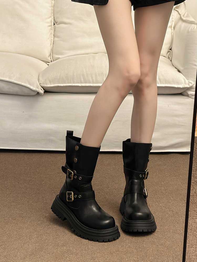 British Martin boots women's new spring and autumn versatile retro two-wear medium boots thick-soled black boots