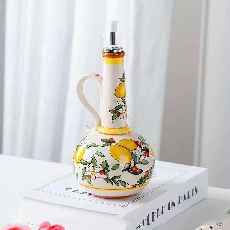 Ceramic Oil Vinegar Dispenser Underglaze Embossed Food Grade Oil Can for Kitchen Countertop Cooking Use