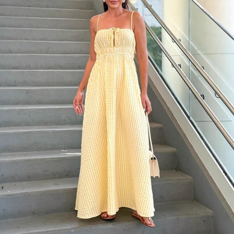 Womens Casual Gingham Print Spaghetti Strap Maxi Dress S