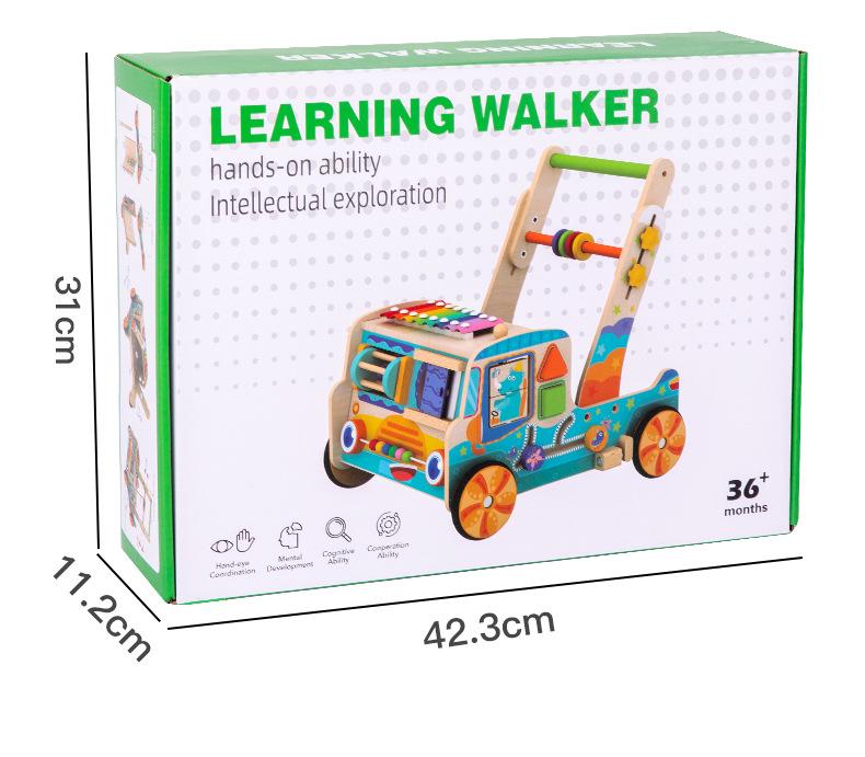 Baby Wooden Push Walker with Building Blocks, Xylophone, Puzzle, and Matching Toys