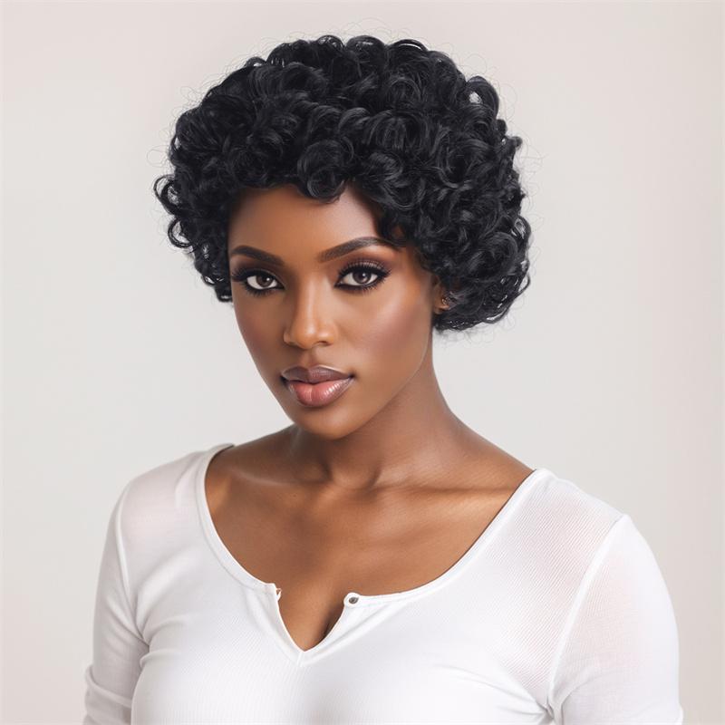 Premium Synthetic Wigs for Women Short Curly Hair Afro Wig with Bangs Natural Black Curly Wig African Hair Styles Casual Wigs