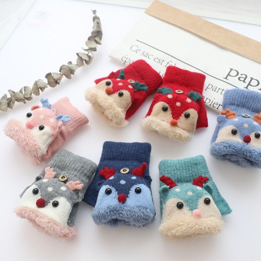 Korean Style Reindeer Plush Gloves Winter Mittens Half Finger Knitted Gloves  Winter